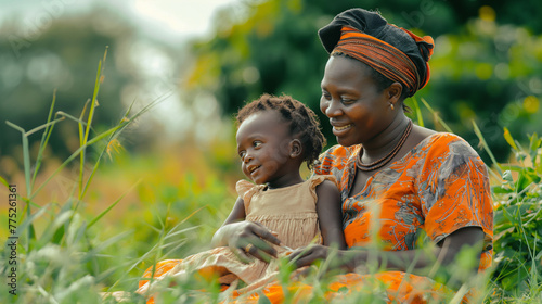 poor African Black Mother and Child Happy in Nature, Celebrating Mother's Day photo