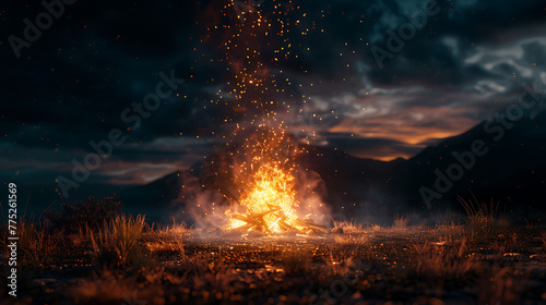 Bonfire sparks rising into the night sky