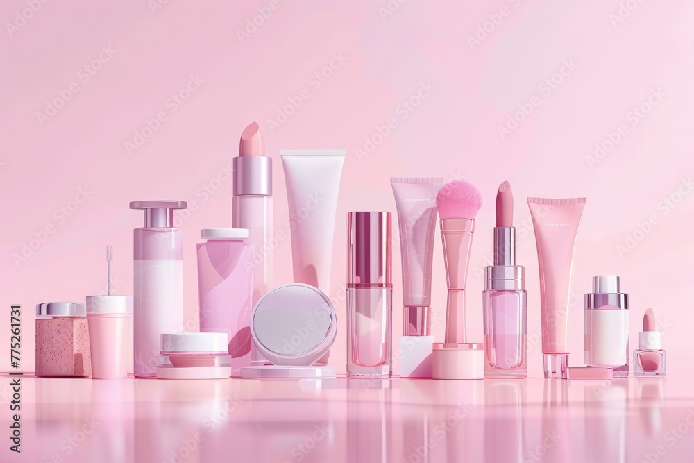 Various cosmetics products arranged on a pink background. Ideal for beauty and makeup concepts Various cosmetics products arranged on a pink background. Ideal for beauty and makeup concepts