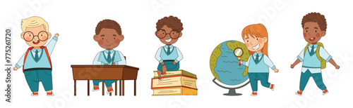 Happy Children in School Uniform in Class Vector Set