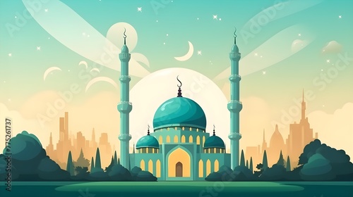 Beautiful mosque under the blue sky, Islamic architecture design illustration