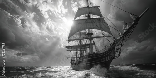 A black and white photo of a ship on the ocean, suitable for travel and maritime themes