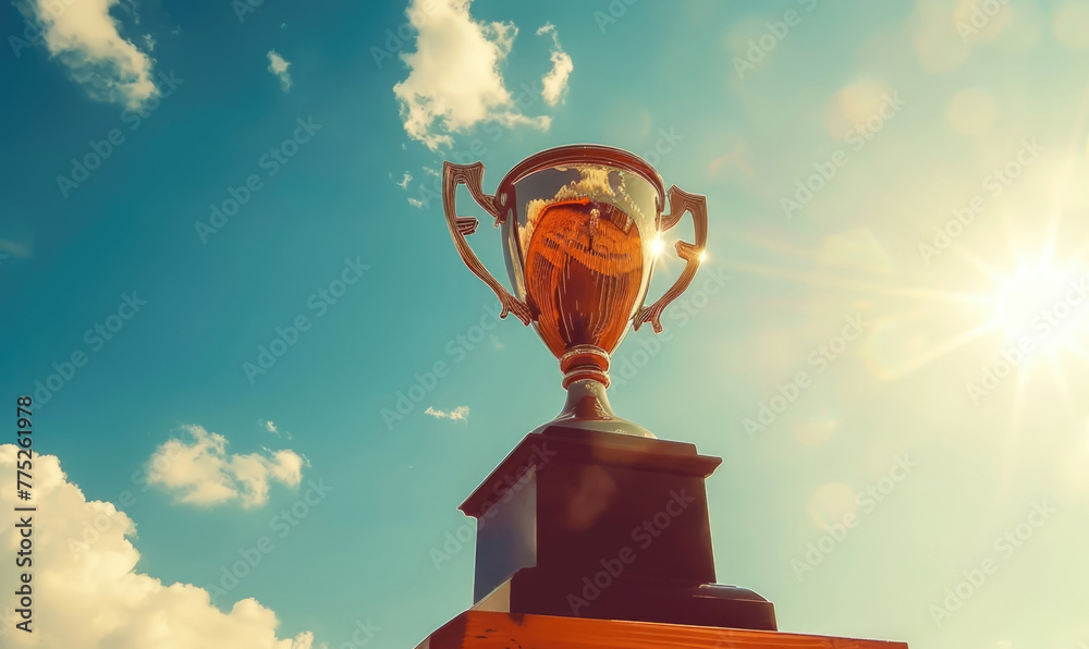 The majestic presence of a champion golden trophy, illuminated by sparkling gold lights and shimmering stars, creating an aura of triumph and splendor. - obrazy, fototapety, plakaty 