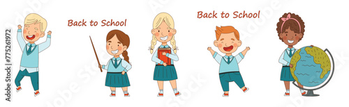 Happy Children in School Uniform in Class Vector Set