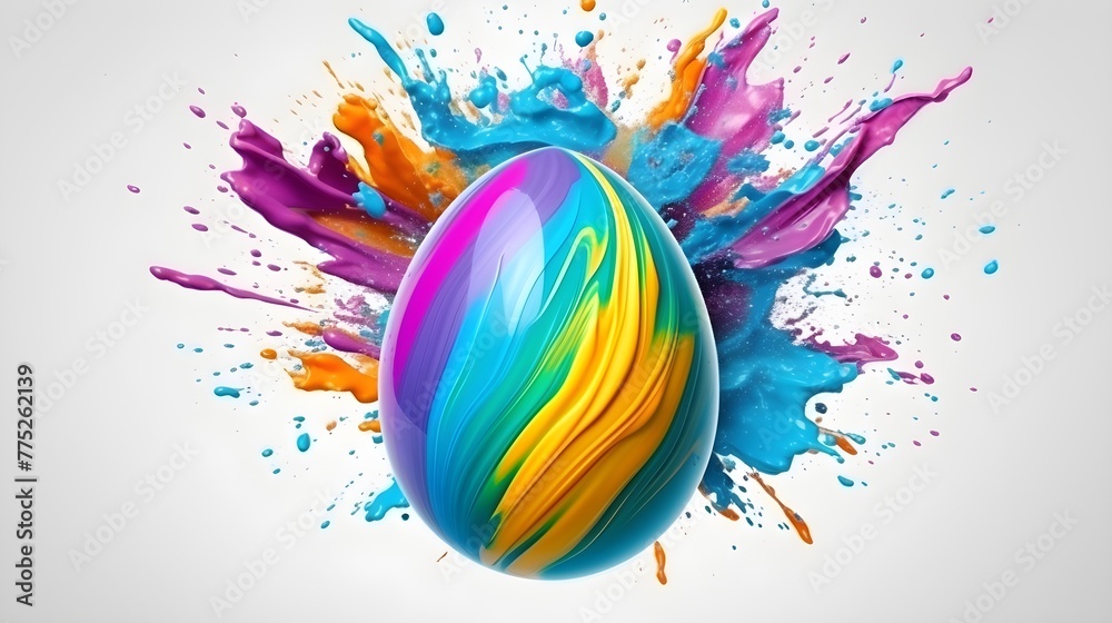 Colorful explosion paint splatters with easter egg. Creative easter concept