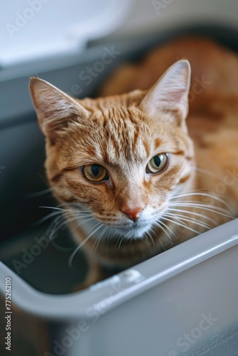 Cat sitting in a plastic container, suitable for pet care concepts © Fotograf