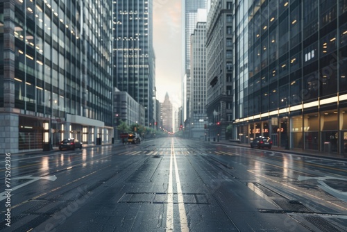 A city street wet from the rain  with tall buildings in the background. Suitable for urban and weather-related concepts