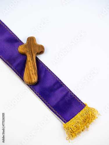 Purple violet priests stole with a cross, white background