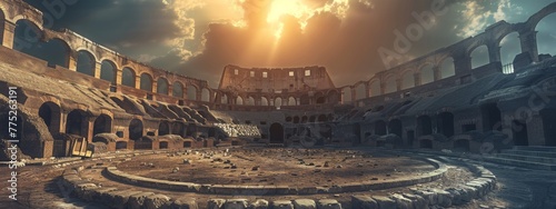 Sunlit ancient amphitheater ruins of a ruined coliseum, with arches casting shadows and clouds in the epic sky of a warm day with sun. Scene of gladiators and Roman circus. photo