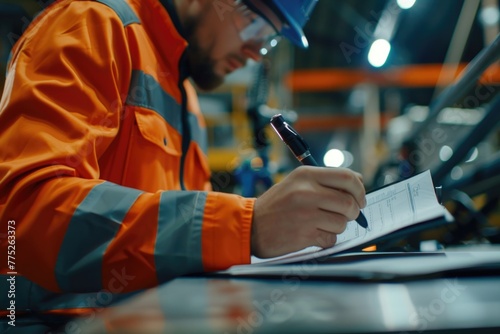 A man in an orange jacket writing on a piece of paper. Suitable for business and education concepts