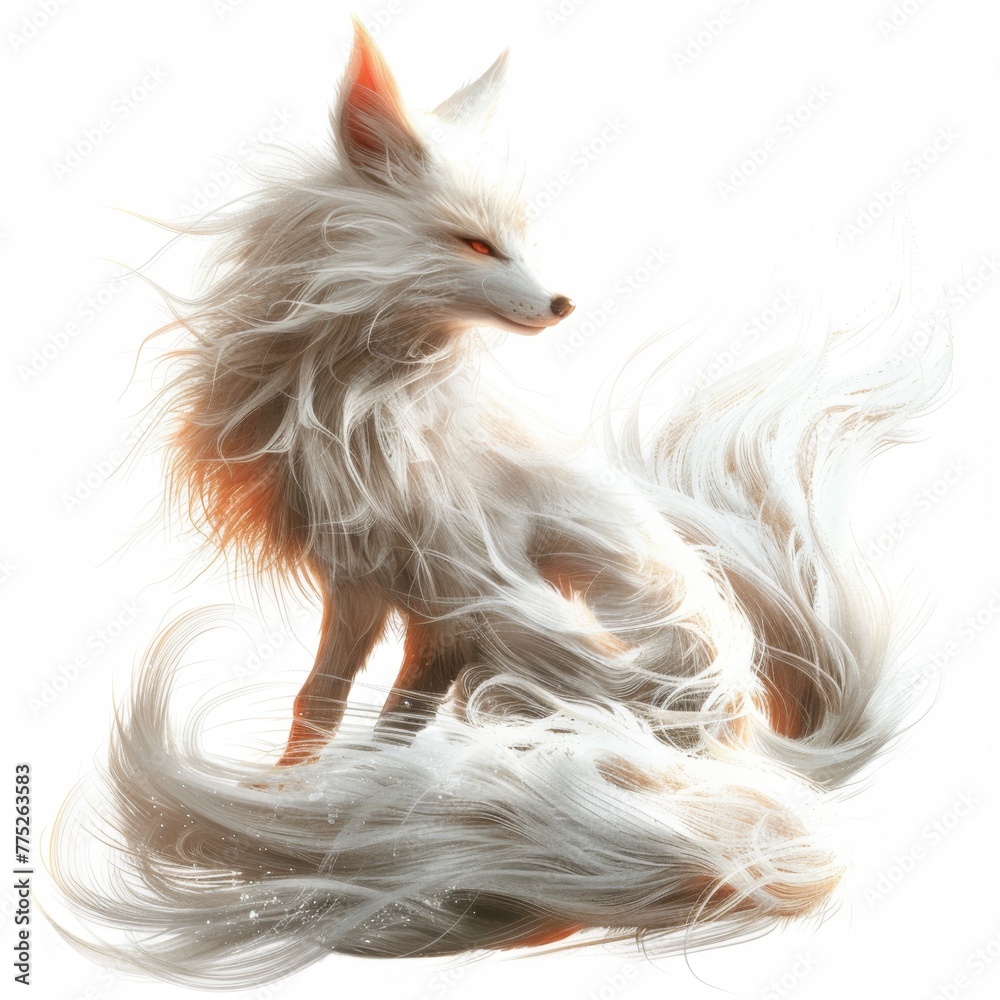 A Kitsune with multiple tails, its fur glowing with ethereal light, a cunning spirit, isolated on an ultra-bright pure white background, no background