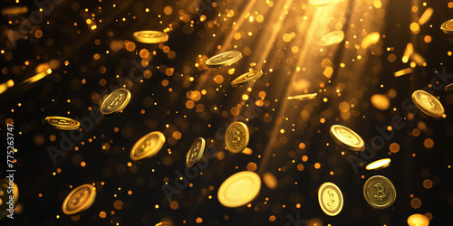 Shiny gold coins cascading from above. photo