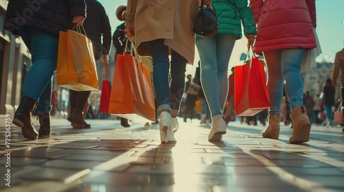 Group of people walking down a sidewalk with shopping bags. Suitable for advertising and retail concepts