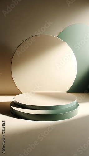 Forest green and almond beige 3D empty rounded podium, 3d stage for product display. an abstract platform for product presentation. podium for advertisement. tech products mockup. empty studio room