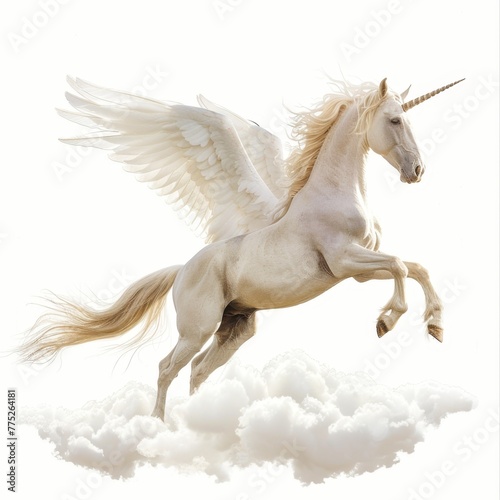 A Pegasus galloping on a cloud  embodying freedom and nobility  isolated on an ultra-bright pure white background  no background