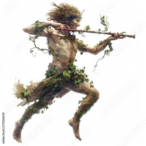 A playful Satyr with flute in hand, dancing in a woodland glade, isolated on an ultra-bright pure white background, no background