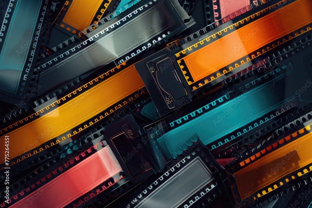 A close up of a bunch of film strips. Ideal for multimedia projects