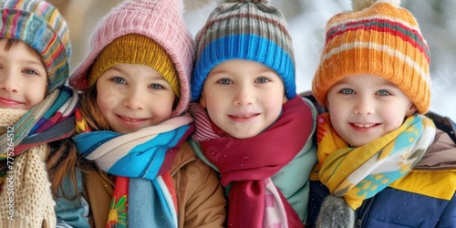 Group of children dressed warmly for winter, suitable for seasonal designs