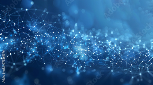 Digital Network Visualization consisting of interconnected points and lines on a blue-toned background. Copy space