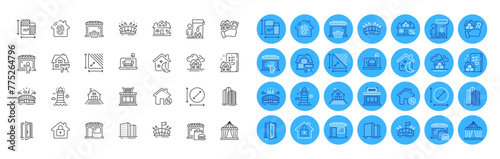 Terrace, Skyscraper buildings and Online market line icons pack. Fingerprint access, Buildings, Market web icon. Arena stadium, Painter, Sleep pictogram. Lighthouse, Floor plan, Open door. Vector
