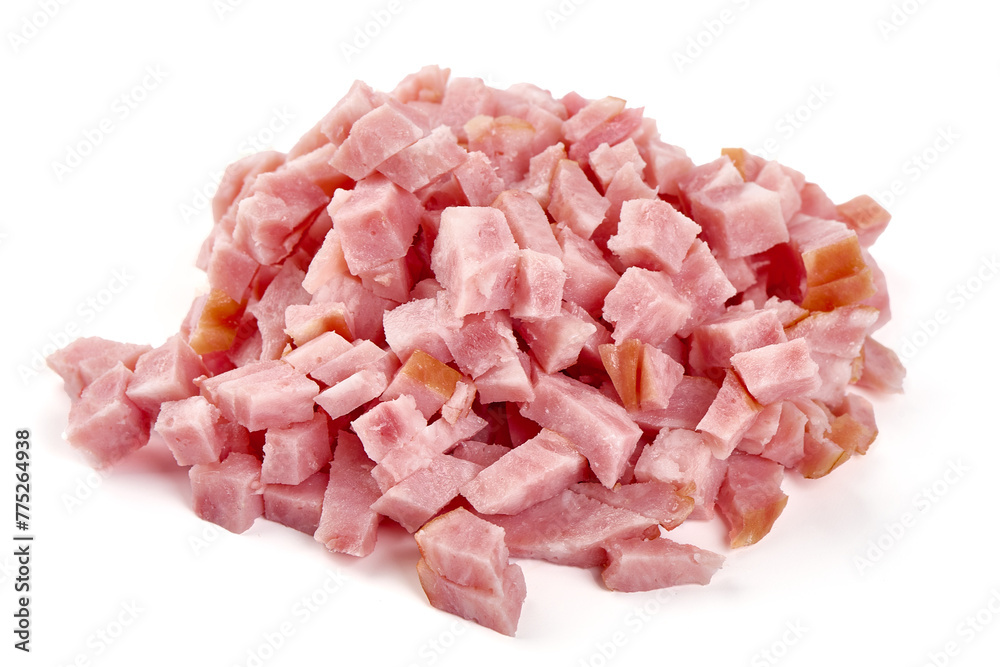 Diced ham sausage, ingredients for cooking, isolated on white background Diced ham sausage, ingredients for cooking, isolated on white background