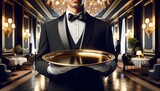 A well-groomed server in a formal tuxedo with a bow tie is holding a reflective golden tray, standing in an opulent restaurant with elegant lighting.

