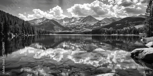 Serene mountain lake in black and white, perfect for nature-themed projects