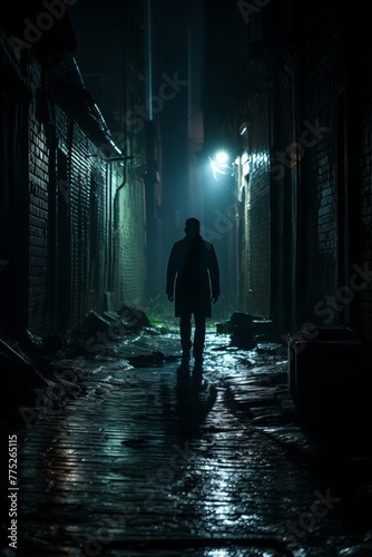 A man is seen walking down a dark alleyway at night. The surroundings are dimly lit  with shadowy figures lurking around. The man appears to be moving cautiously through the eerie setting