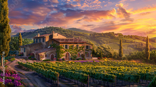 Idyllic Tuscany Landscape with Vineyards at Sunset, Beautiful Rural Italy, Wine Country