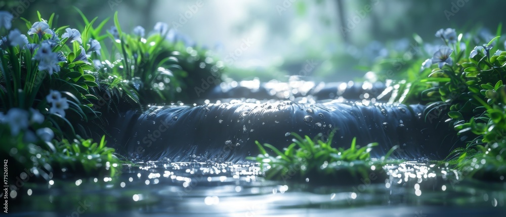 flowing stream, with water rendered as a series of interconnected geometric shapes in a tranquil setting. flowing stream, with water rendered as a series of interconnected geometric shapes in a tranquil setting.