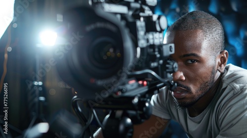 A man holding a camera, ready to take a picture. Suitable for photography or technology concepts