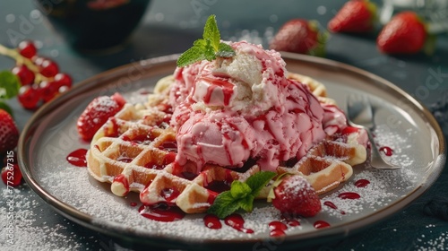 Delicious waffle topped with ice cream and fresh strawberries. Perfect for dessert menus or food blogs