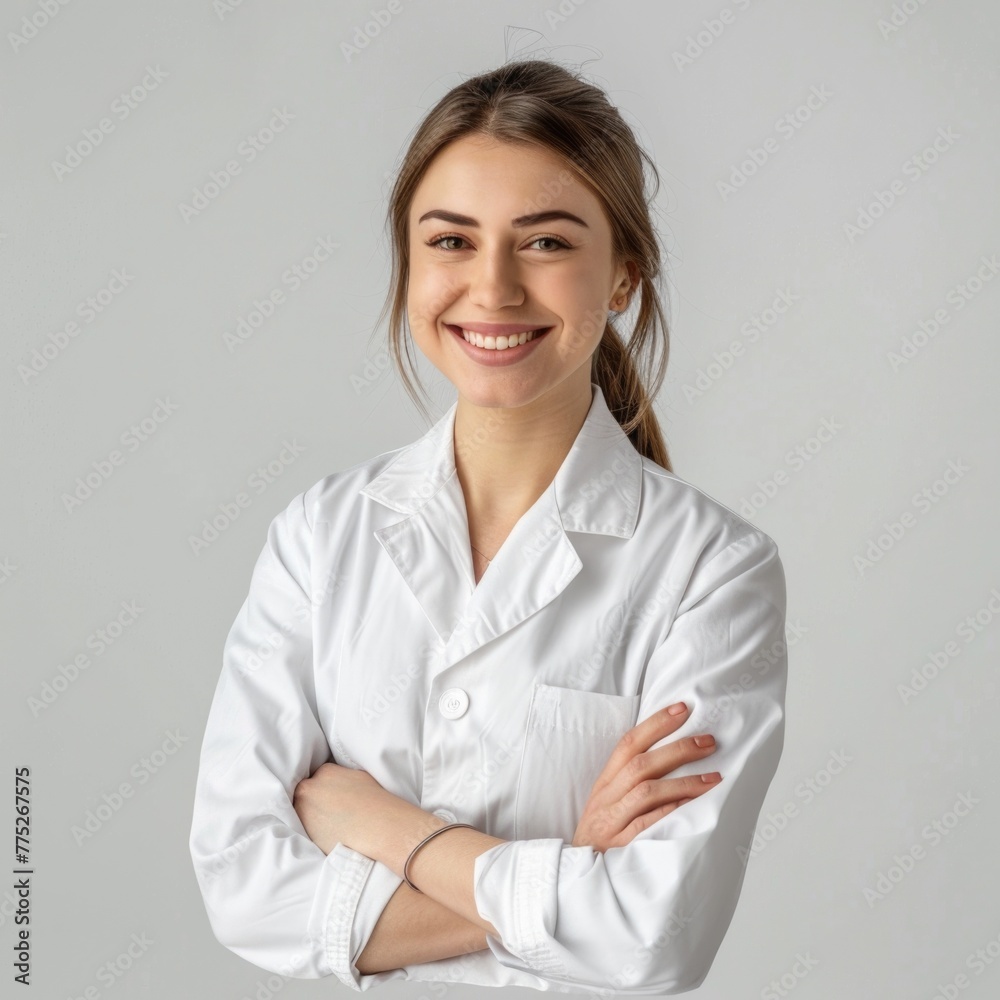 Woman in white lab coat smiling at camera, suitable for medical or science concepts Woman in white lab coat smiling at camera, suitable for medical or science concepts