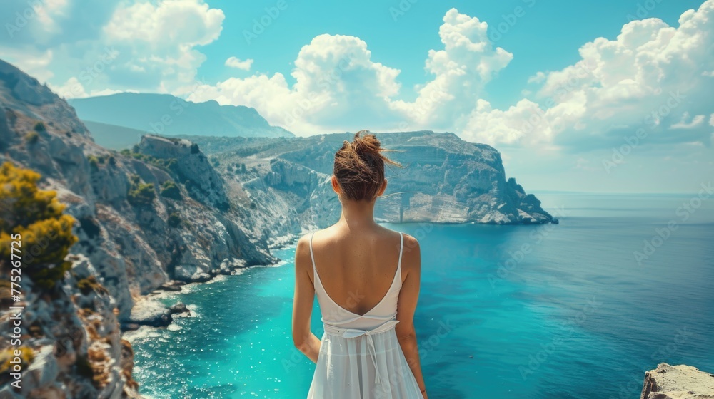 A woman standing on a cliff looking at the ocean. Suitable for travel and adventure concepts A woman standing on a cliff looking at the ocean. Suitable for travel and adventure concepts