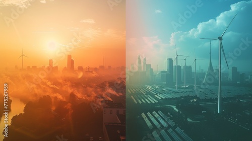 A split-screen image contrasting polluted  smog-filled cityscapes with clean  renewable energy sources like wind and solar farms.