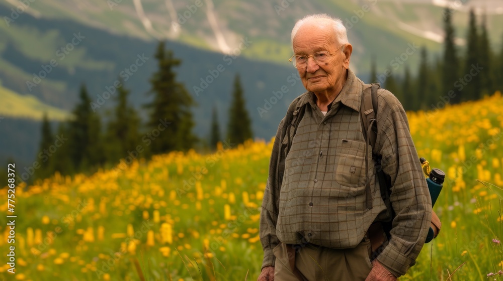 An older man with a backpack standing in the middle of grass, AI