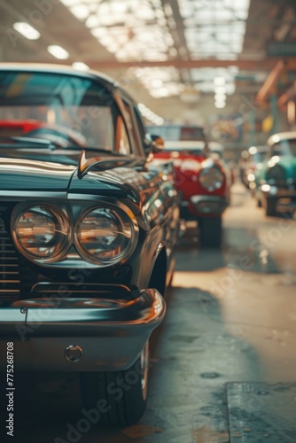 Old cars lined up in a garage, perfect for automotive themes