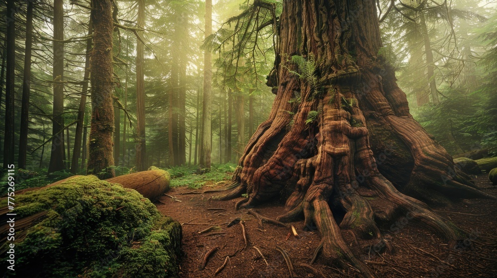 Obraz premium A large tree standing in the middle of a forest. Suitable for nature and environmental themes