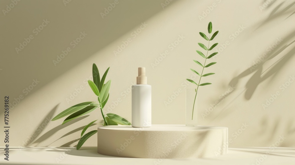 A white bottle sitting on a table next to a plant. Perfect for home decor or lifestyle concepts