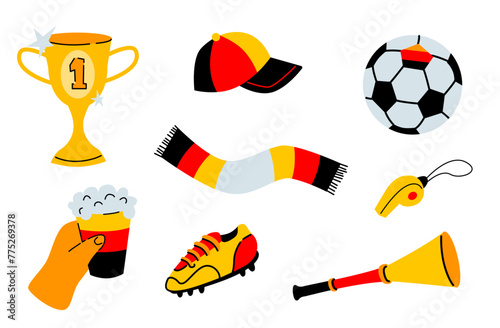 Football match championship elements isolated on white background. Illustration of Germany soccer elements. Sports event and fan set. 
