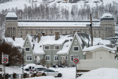 Snowy Winter Street in Rjukan with Nordic Architecture