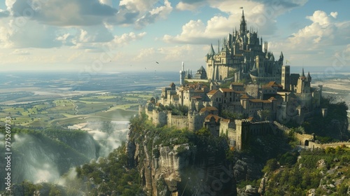 A majestic castle perched atop a mountain, perfect for fantasy or travel concepts