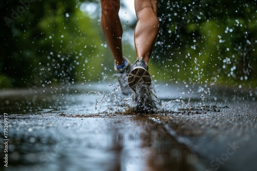 Energetic Runner's Wet Trail, Vibrant Rainy Workout © Ilia Nesolenyi