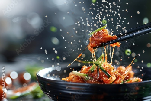 Chopsticks Twirling Spicy Kimchi, Flavor Burst Moment