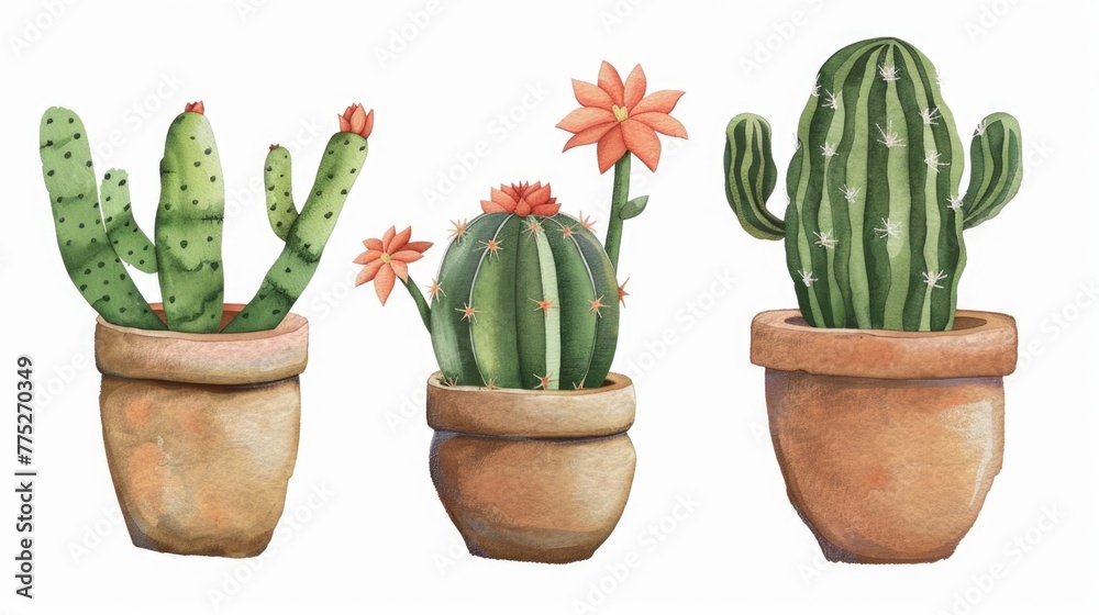 Three potted cactus plants with colorful flowers, perfect for botanical illustrations and home decor concepts