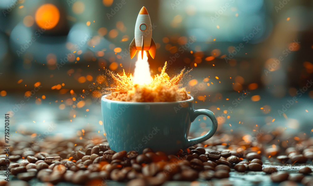 Rocket Launching from a Coffee Cup: A Creative Conceptual Representation of Energy Boost, Startup Growth, and the Power of Caffeine - obrazy, fototapety, plakaty 