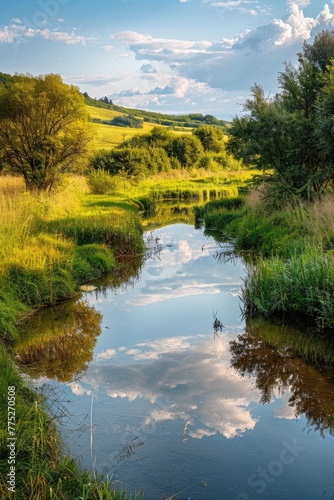 Serene landscape with a small stream, ideal for nature backgrounds