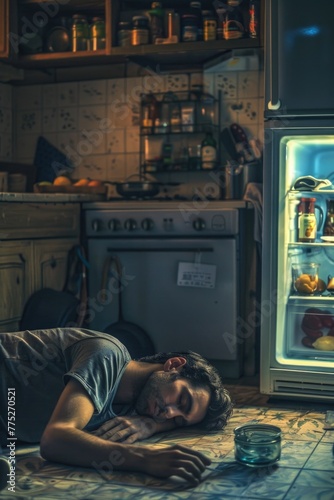 A man laying on the floor next to an open refrigerator. Can be used for food and nutrition concepts