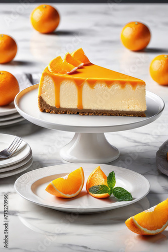 Delicious orange cheesecake with oranges on a marble stone background.