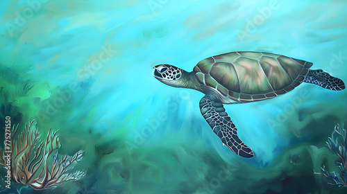 Serene sea turtle gliding gracefully through the turquoise waters of a coral reef
